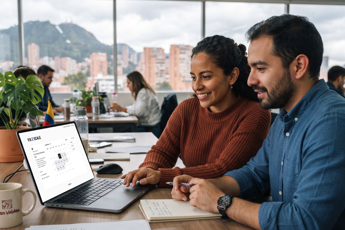 Two people reviewing the sales funnel on a laptop