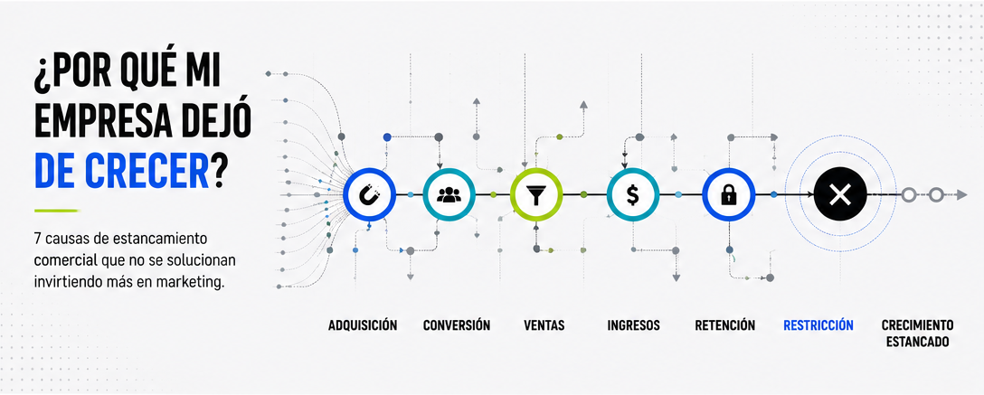 Diagrama Fix 2 Scale: la ruta de adquisición, conversión, ventas, ingresos y retención con la restricción que frena el crecimiento
